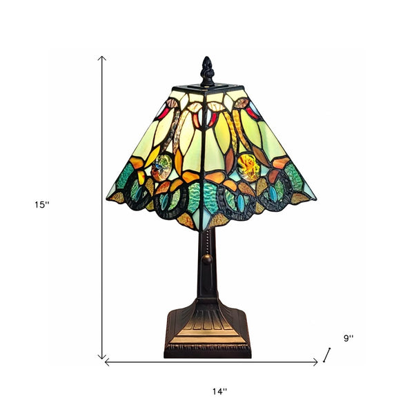 HomeRoots 15" Elegant Dark Brown Metal Candlestick Table Lamp with Vintage Green and Black Shade Design 478146