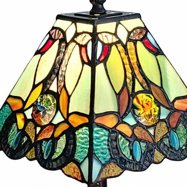 Homeroots 15" Dark Brown Metal Candlestick Table Lamp With Green And Black Shade   478146