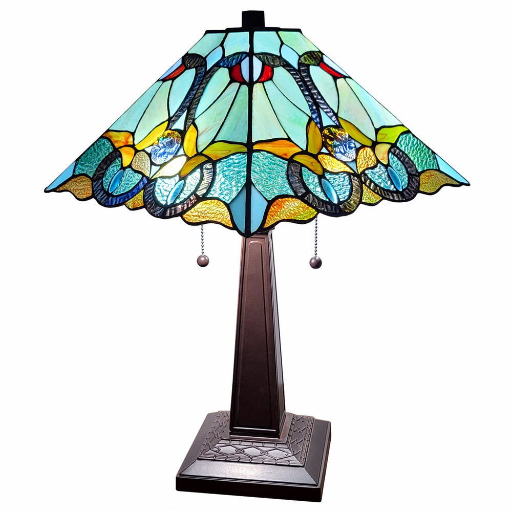 Homeroots 23" Dark Brown Metal Two Light Table Lamp With Blue And Green Cone Shade   478147