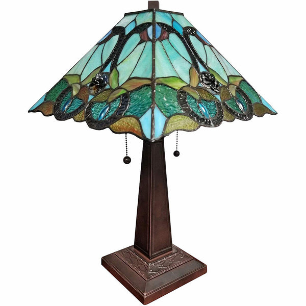 Homeroots 23" Dark Brown Metal Two Light Table Lamp With Blue And Green Cone Shade   478147