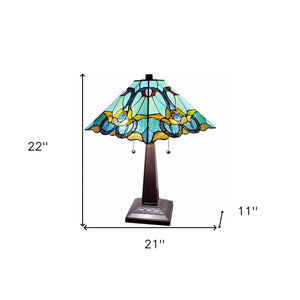 Homeroots 23" Dark Brown Metal Two Light Table Lamp With Blue And Green Cone Shade   478147