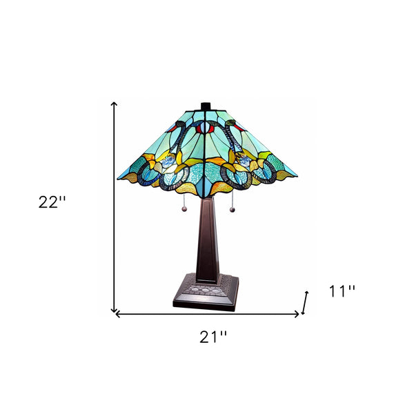 Homeroots 23" Dark Brown Metal Two Light Table Lamp With Blue And Green Cone Shade   478147
