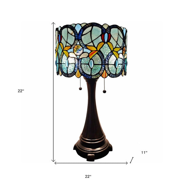 HomeRoots 22" Elegant Dark Brown Metal Candlestick Table Lamp with Handcrafted Green Stained-Glass Shade 478150