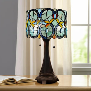 HomeRoots 22" Elegant Dark Brown Metal Candlestick Table Lamp with Handcrafted Green Stained-Glass Shade 478150