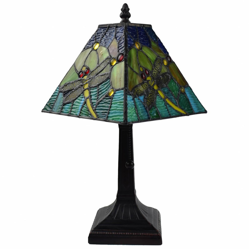 HomeRoots 15" Elegant Dark Brown Candlestick Table Lamp with Handcrafted Green Shade for Classic Ambiance 478151