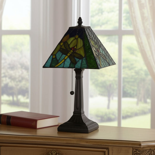 HomeRoots 15" Elegant Dark Brown Candlestick Table Lamp with Handcrafted Green Shade for Classic Ambiance 478151