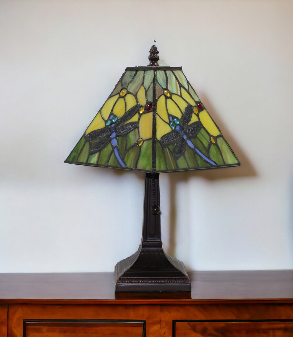 Homeroots 15" Dark Brown Metal Candlestick Table Lamp With Green Empire Shade   478152