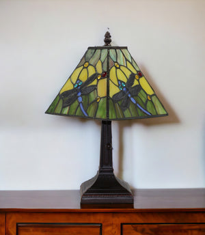 Homeroots 15" Dark Brown Metal Candlestick Table Lamp With Green Empire Shade   478152