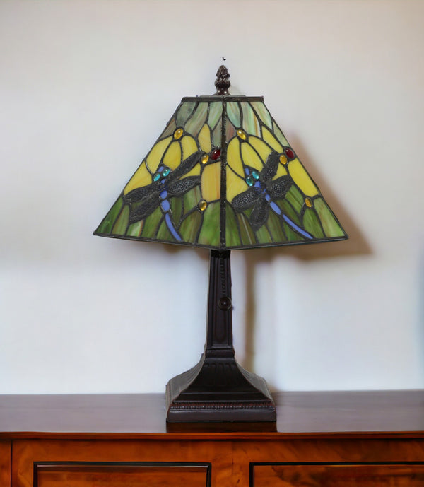 Homeroots 15" Dark Brown Metal Candlestick Table Lamp With Green Empire Shade   478152