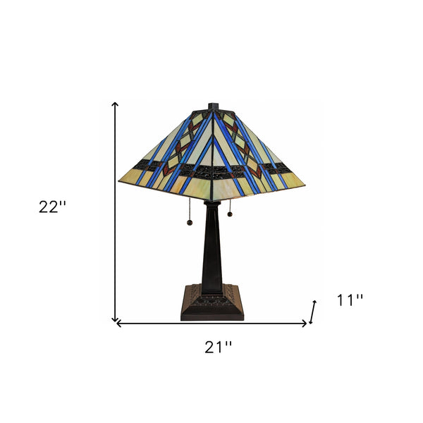 Homeroots 22" Dark Brown Metal Two Light Candlestick Table Lamp With Blue Empire Shade   478153