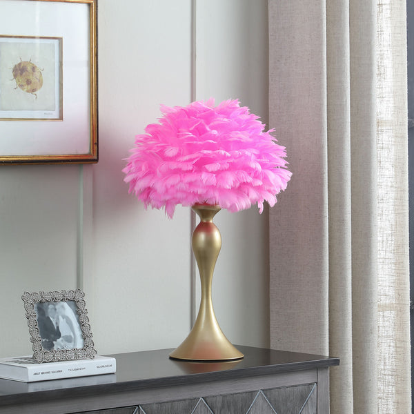 Homeroots 24" Glam Hot Pink Feather And Gold Table Lamp   478186