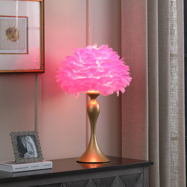 Homeroots 24" Glam Hot Pink Feather And Gold Table Lamp   478186