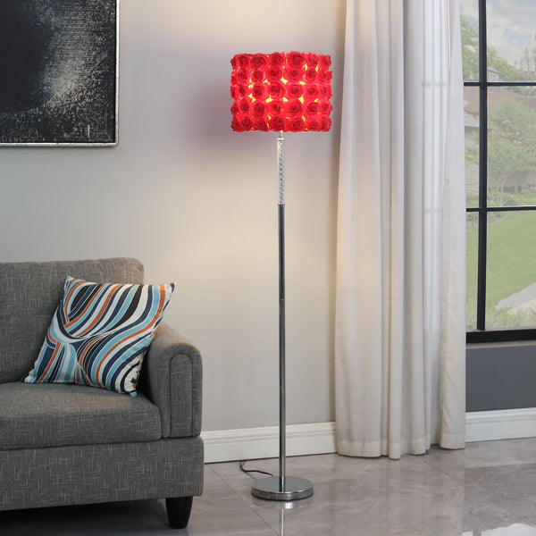 Homeroots 63" Steel And Acrylic Floor Lamp With Red Flowers Fabric Drum Shade  Steel,Acrylic 478189