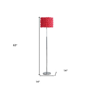 Homeroots 63" Steel And Acrylic Floor Lamp With Red Flowers Fabric Drum Shade  Steel,Acrylic 478189