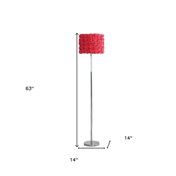 Homeroots 63" Steel And Acrylic Floor Lamp With Red Flowers Fabric Drum Shade  Steel,Acrylic 478189