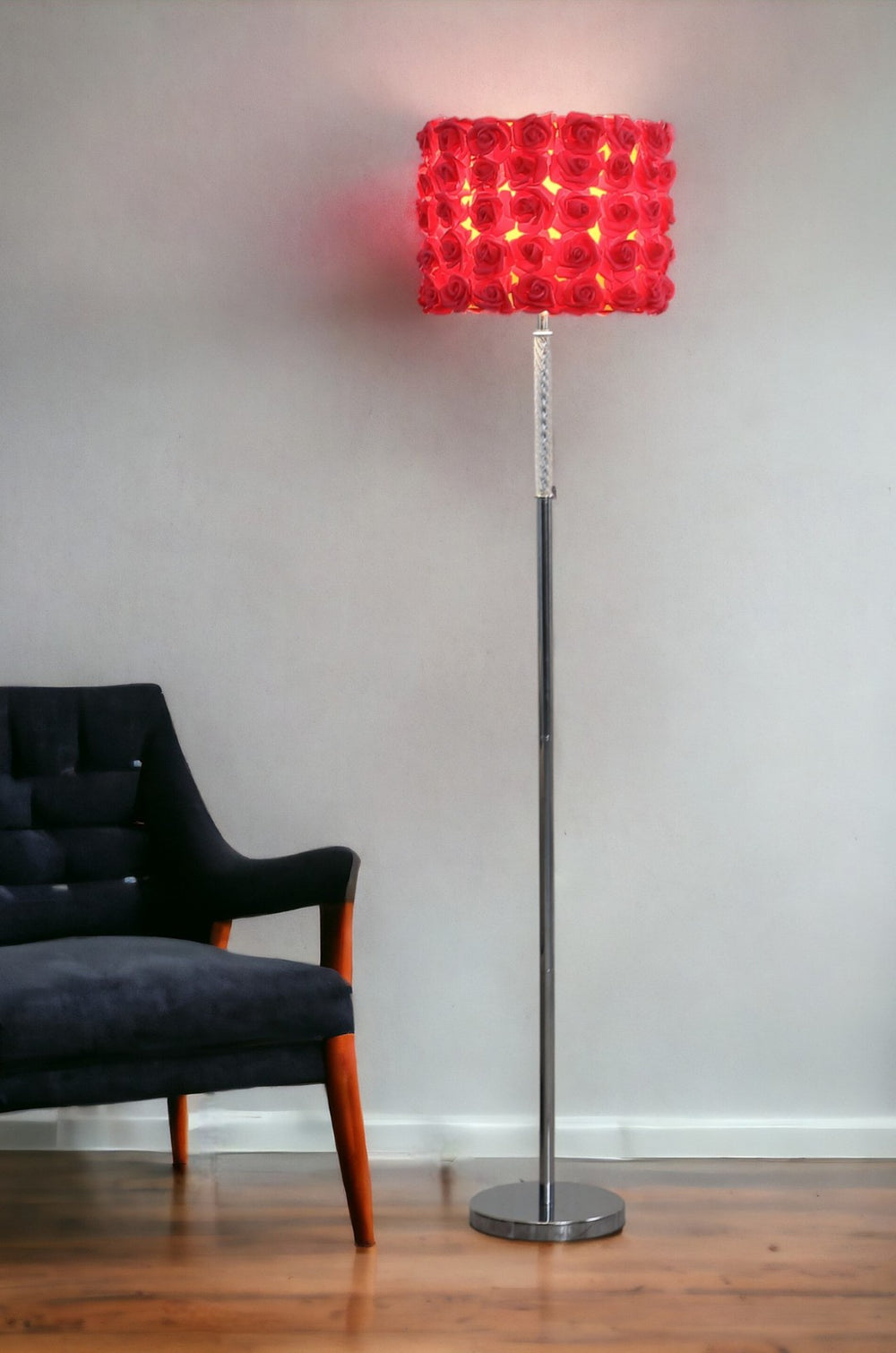HomeRoots 63" Steel and Acrylic Floor Lamp with Romantic Red Rose Shade – Vintage Charm for Any Room 478189