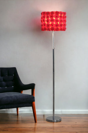 Homeroots 63" Steel And Acrylic Floor Lamp With Red Flowers Fabric Drum Shade  Steel,Acrylic 478189