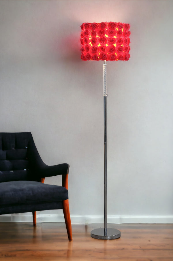 Homeroots 63" Steel And Acrylic Floor Lamp With Red Flowers Fabric Drum Shade  Steel,Acrylic 478189
