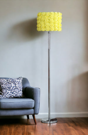 Homeroots 63" Steel And Acrylic Floor Lamp With Yellow Flowers Fabric Drum Shade Yellow Steel,Acrylic 478190