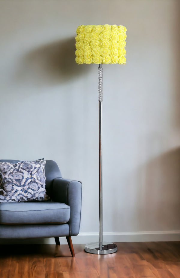 Homeroots 63" Steel And Acrylic Floor Lamp With Yellow Flowers Fabric Drum Shade Yellow Steel,Acrylic 478190