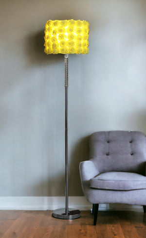 Homeroots 63" Steel And Acrylic Floor Lamp With Yellow Flowers Fabric Drum Shade Yellow Steel,Acrylic 478190