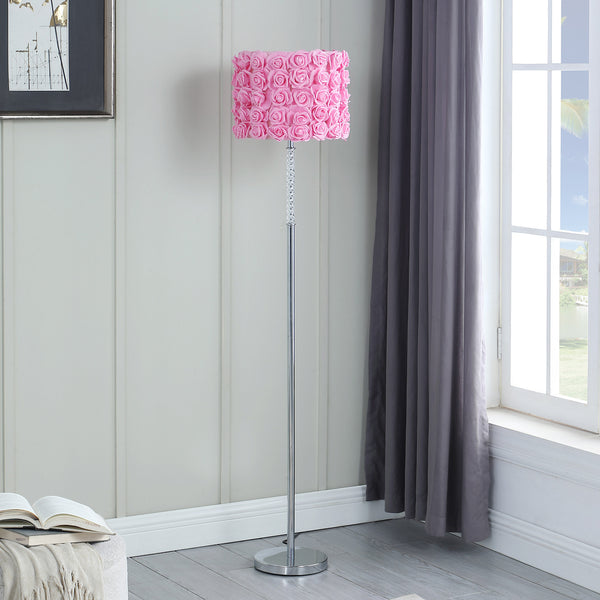 Homeroots 63" Steel And Acrylic Floor Lamp With Pink Flowers Fabric Drum Shade Pink Steel,Acrylic 478191
