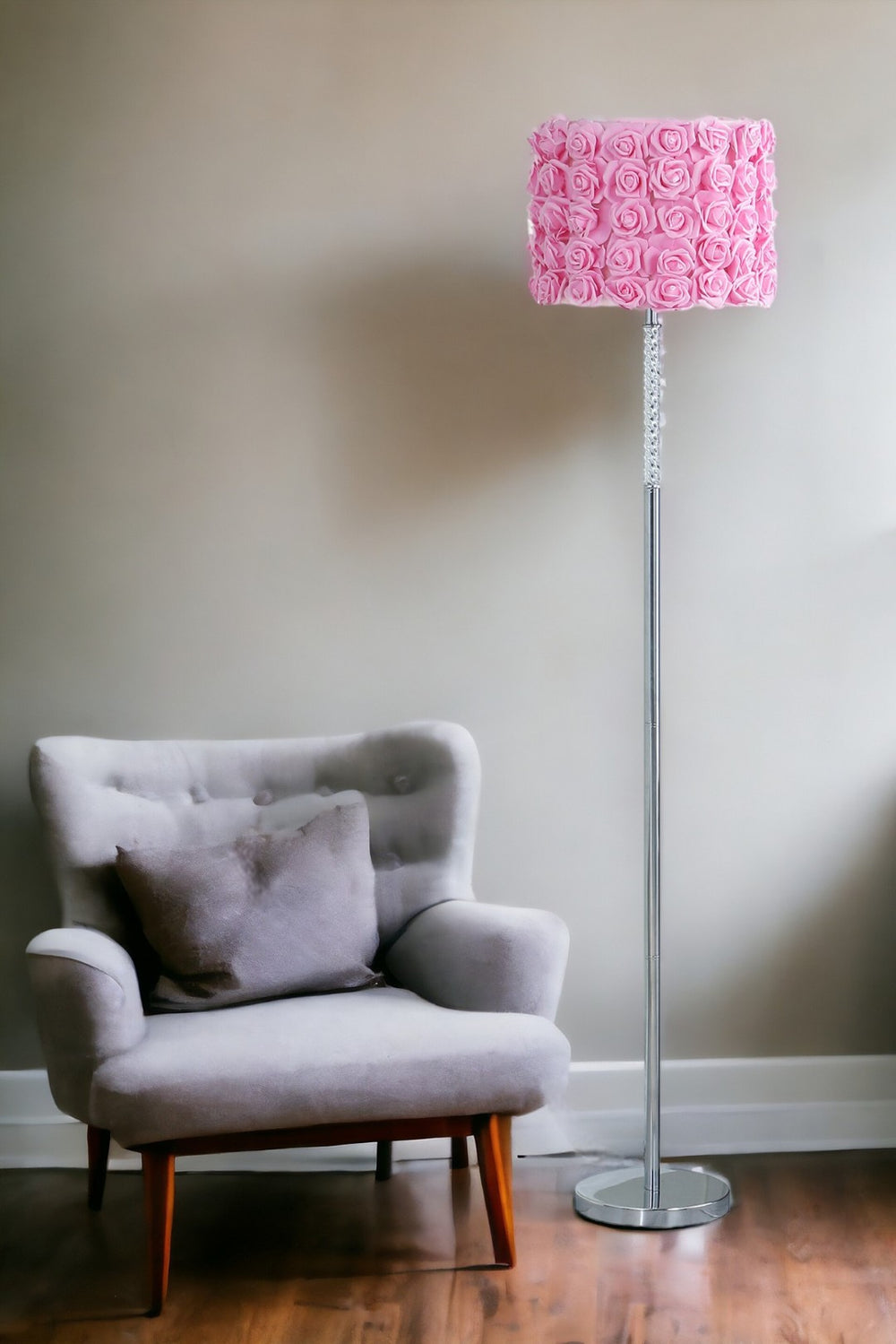 HomeRoots 63" Steel and Acrylic Floor Lamp with Charming Floral Drum Shade for Elegant Home Lighting Pink 478191