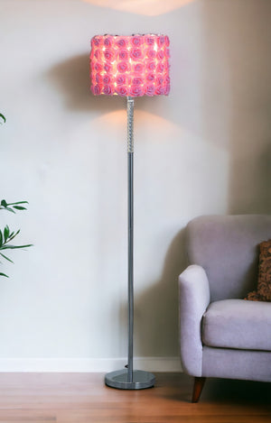 Homeroots 63" Steel And Acrylic Floor Lamp With Pink Flowers Fabric Drum Shade Pink Steel,Acrylic 478191