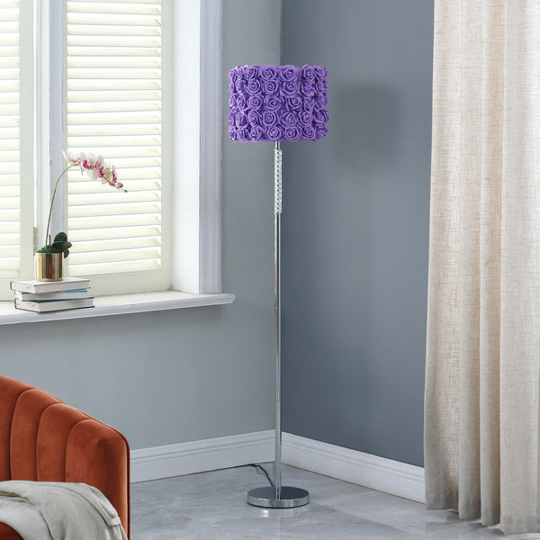 Homeroots 63" Steel And Acrylic Floor Lamp With Purple Flowers Fabric Drum Shade Lavender Steel,Acrylic 478192