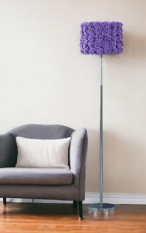 Homeroots 63" Steel And Acrylic Floor Lamp With Purple Flowers Fabric Drum Shade Lavender Steel,Acrylic 478192