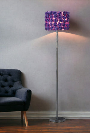 Homeroots 63" Steel And Acrylic Floor Lamp With Purple Flowers Fabric Drum Shade Lavender Steel,Acrylic 478192