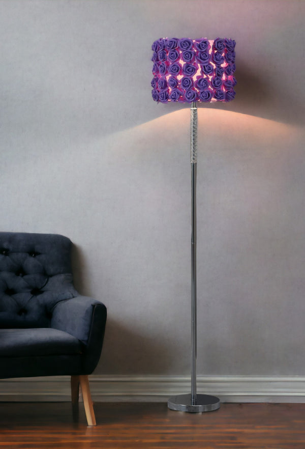 Homeroots 63" Steel And Acrylic Floor Lamp With Purple Flowers Fabric Drum Shade Lavender Steel,Acrylic 478192
