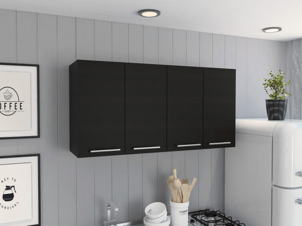 HomeRoots 47" Black Wood Wall-Mounted Accent Cabinet – Stylish Storage with Four Doors for Modern Spaces 478201
