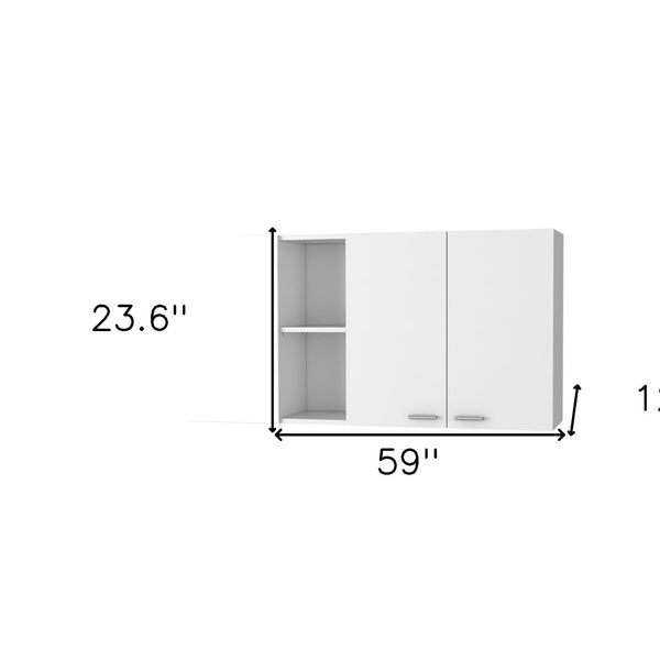 HomeRoots 59" White Wall-Mounted Accent Cabinet with Four Doors, Modern Storage Solution for Stylish Spaces 478212