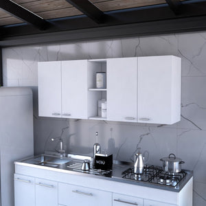 HomeRoots 59" White Wall-Mounted Accent Cabinet with Four Doors, Modern Storage Solution for Stylish Spaces 478212