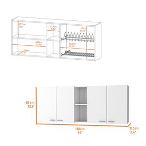HomeRoots 59" White Wall-Mounted Accent Cabinet with Four Doors, Modern Storage Solution for Stylish Spaces 478212