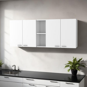 HomeRoots 59" White Wall-Mounted Accent Cabinet with Four Doors, Modern Storage Solution for Stylish Spaces 478212