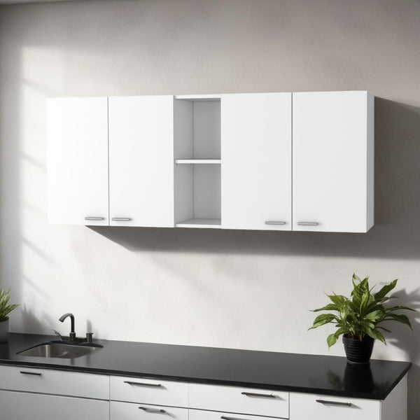 HomeRoots 59" White Wall-Mounted Accent Cabinet with Four Doors, Modern Storage Solution for Stylish Spaces 478212