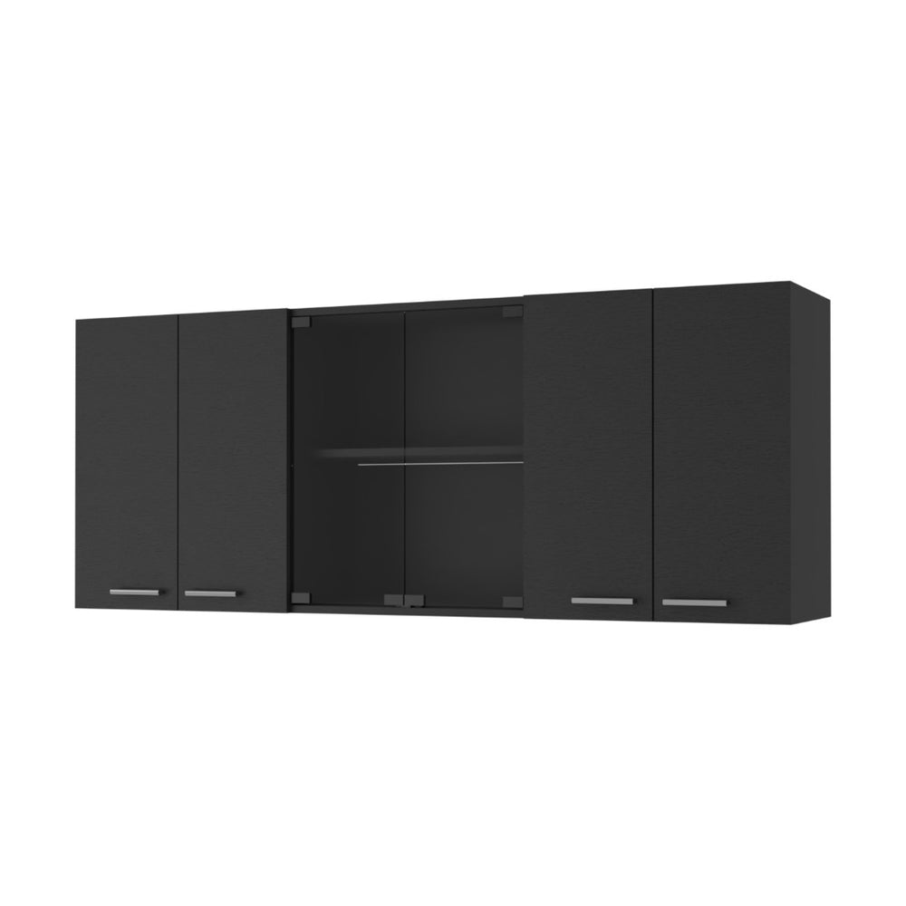 HomeRoots 59" Black Wood Wall-Mounted China Cabinet - Modern Storage & Display with Six Doors for Your Home 478215
