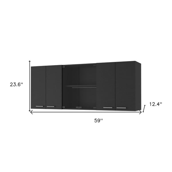 HomeRoots 59" Black Wood Wall-Mounted China Cabinet - Modern Storage & Display with Six Doors for Your Home 478215