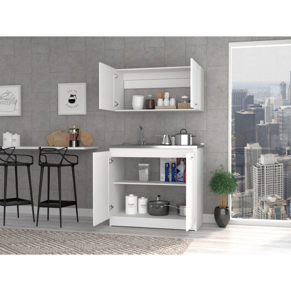 HomeRoots 42" Stylish Black and White Wood Accent Cabinet with Four Doors for Modern Home Storage Solutions 478239
