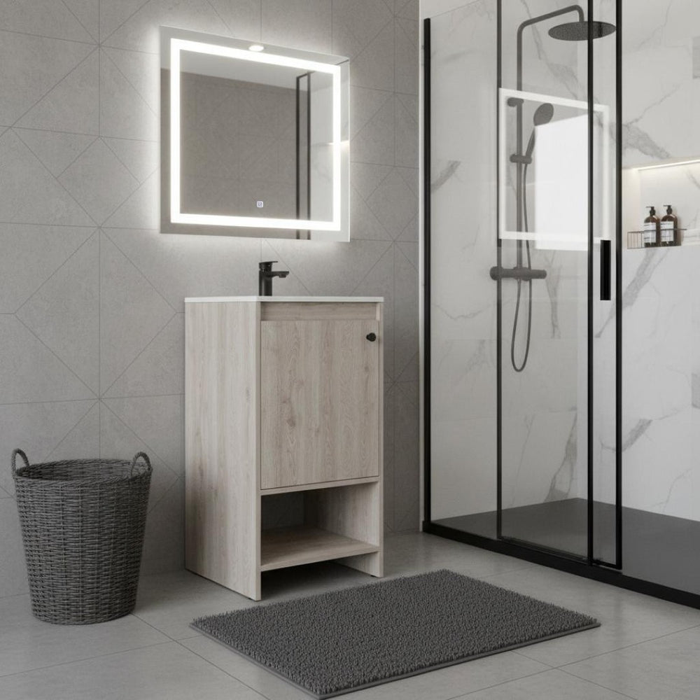 HomeRoots 18" Light Gray Wood Freestanding Bathroom Vanity with White Sink - Modern Design & Storage Solution 478247
