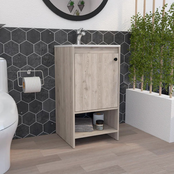 HomeRoots 18" Light Gray Wood Freestanding Bathroom Vanity with White Sink - Modern Design & Storage Solution 478247