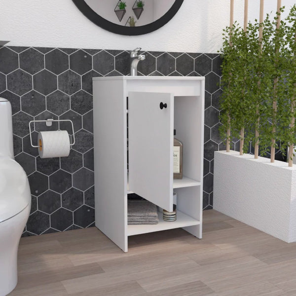 HomeRoots 18" White Freestanding Bathroom Vanity with Integrated Sink – Stylish Compact Storage Solution! 478248