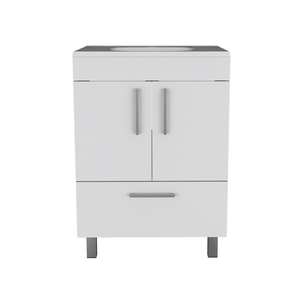 HomeRoots 24" White Wood Freestanding Double Door Bathroom Vanity with Integrated Sink for Small Spaces 478250