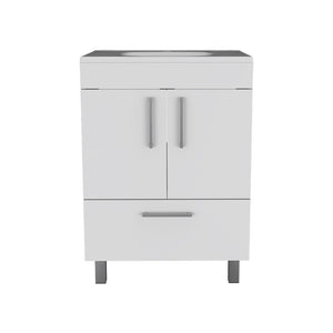 HomeRoots 24" White Wood Freestanding Double Door Bathroom Vanity with Integrated Sink for Small Spaces 478250