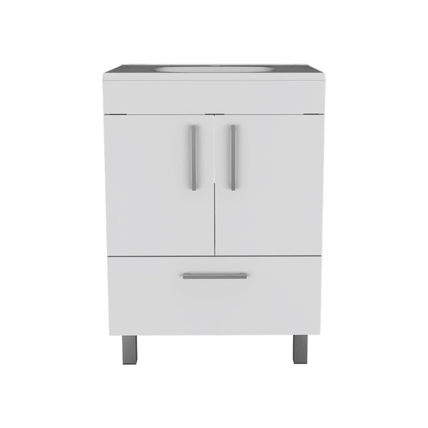 HomeRoots 24" White Wood Freestanding Double Door Bathroom Vanity with Integrated Sink for Small Spaces 478250