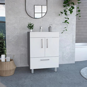 HomeRoots 24" White Wood Freestanding Double Door Bathroom Vanity with Integrated Sink for Small Spaces 478250