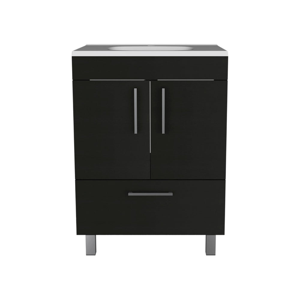 HomeRoots 24" Stylish Black Freestanding Bathroom Vanity with Chic White Sink and Ample Storage Solutions 478251