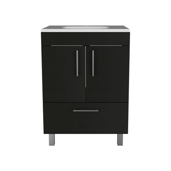 HomeRoots 24" Stylish Black Freestanding Bathroom Vanity with Chic White Sink and Ample Storage Solutions 478251